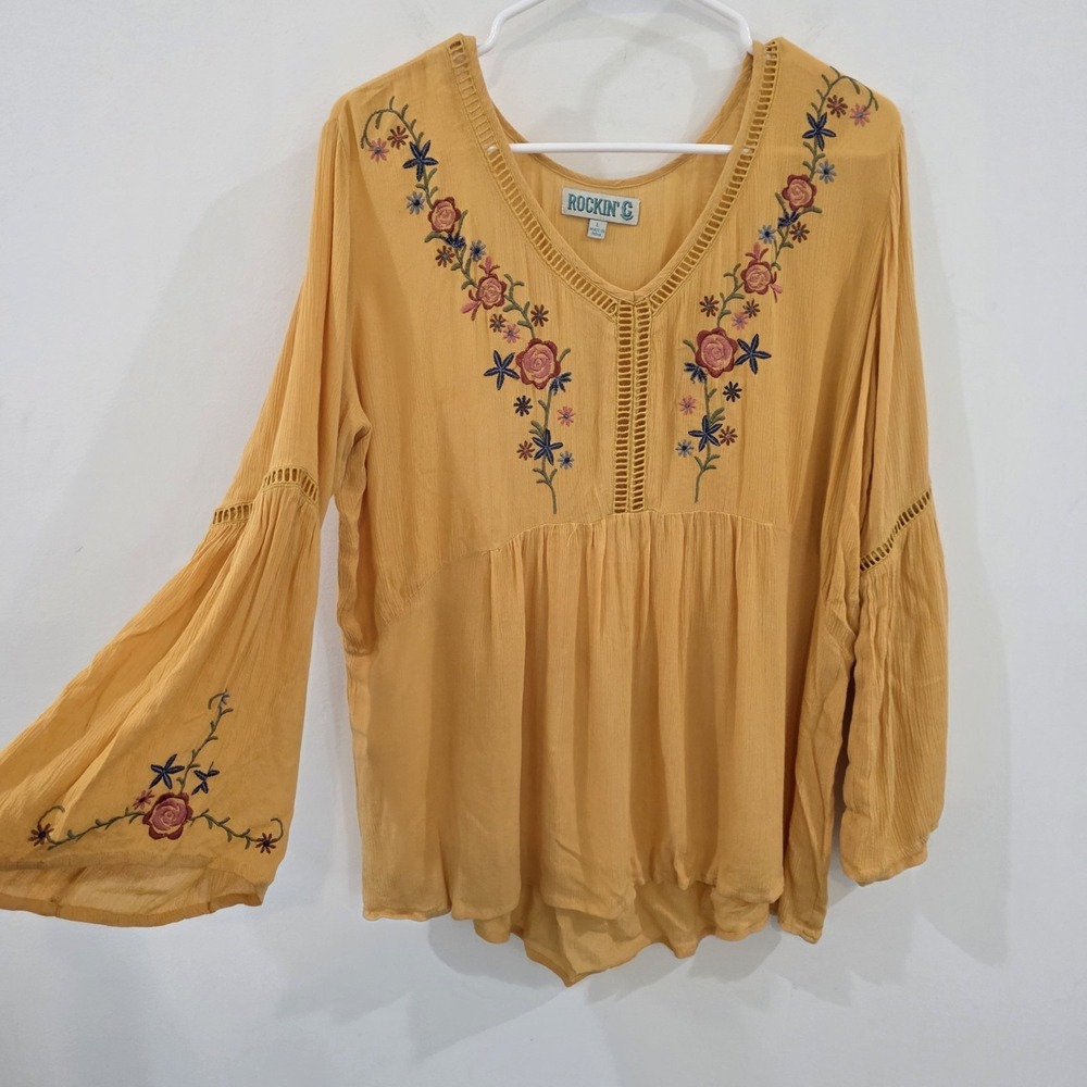 Rockin C Womens Flare Sleeve Top Size Large Yellow Floral Embroidered Fairy Boho